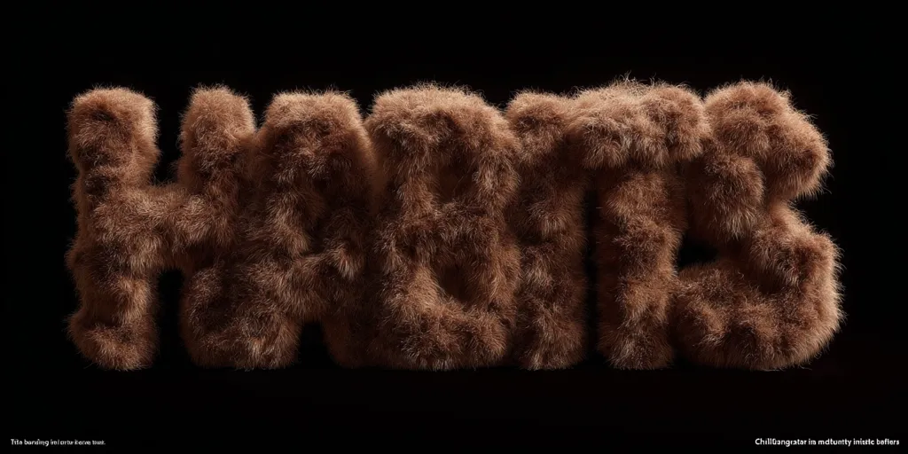 The word "HOME" is rendered in a three-dimensional, furry typeface.  The texture is long, brown fur, creating a soft, plush appearance against a black background.  The letters are individually formed but blend together seamlessly, conveying a feeling of warmth and comfort. The overall effect is both striking and inviting.