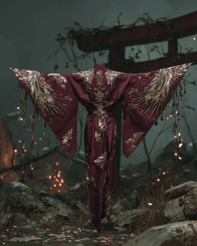 A maroon kimono, adorned with intricate gold bird embroidery and dangling gold ornaments, is displayed against a dark, atmospheric backdrop.  A weathered torii gate stands in the background, partially obscured by overgrown vegetation.  The scene is dimly lit, with small flames flickering in the foreground, suggesting a desolate or mystical setting. The kimono's wide sleeves extend dramatically, creating a striking visual effect.