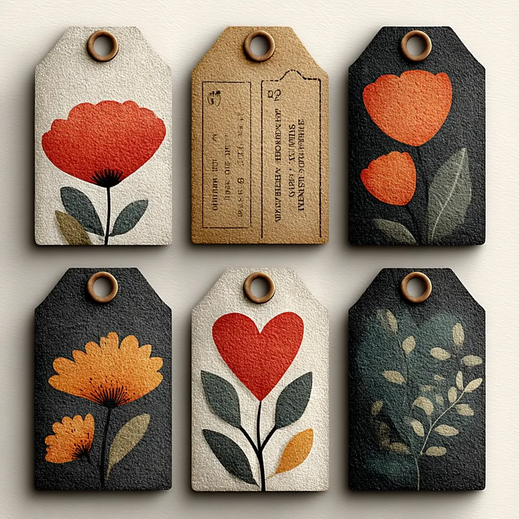 Six gift tags feature minimalist floral designs.  Two are cream-colored with red poppies and a heart-shaped flower, respectively. Two dark tags showcase orange and dark green floral motifs. A kraft tag includes text, possibly shipping details.  The tags have a textured, almost suede-like appearance and are adorned with metallic eyelets.