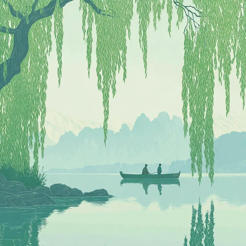A serene landscape painting depicts two figures in a small boat on a calm lake.  The lake is surrounded by soft, misty mountains, and the foreground features a weeping willow tree, its branches dramatically overhanging the water. The overall color palette is muted greens and blues, creating a peaceful and tranquil atmosphere. The scene evokes a sense of quiet solitude and natural beauty.
