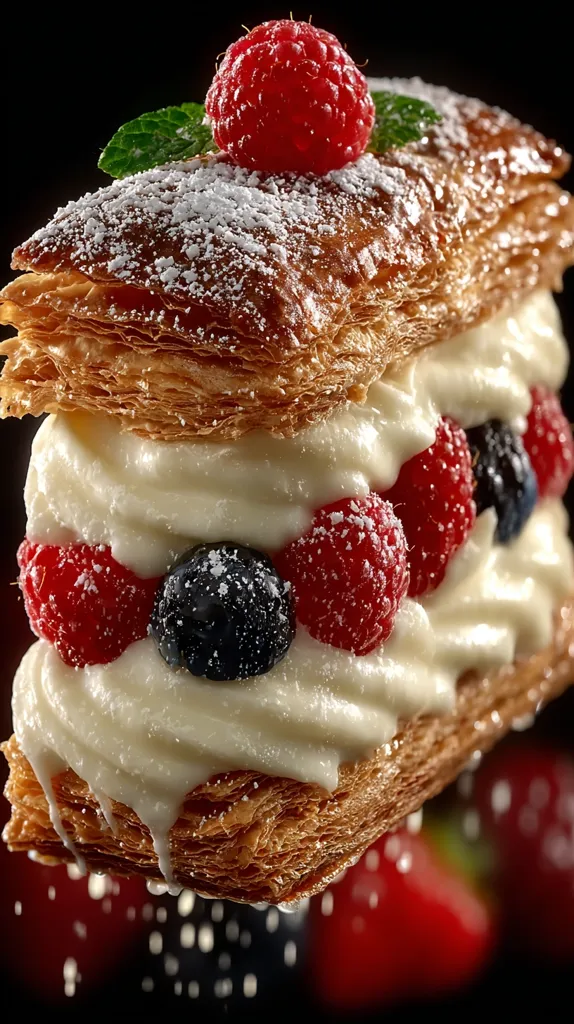 A delectable pastry layered with flaky puff pastry, creamy whipped filling, and fresh raspberries and blueberries.  The top is dusted with powdered sugar and garnished with a single raspberry and a mint sprig.  The pastry appears moist and decadent, with creamy filling dripping from the bottom.  The background suggests a blurred array of more berries.