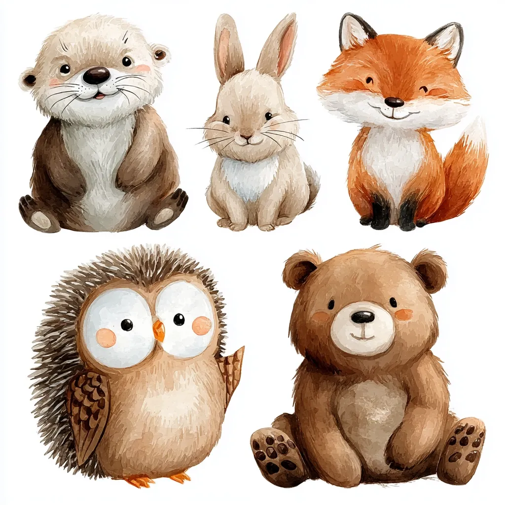 Five adorable watercolor woodland animals are depicted: a playful otter, a sweet bunny rabbit, a cunning fox, a wise owl, and a cuddly bear.  Each animal is rendered in soft, earthy tones and features large, expressive eyes, creating a charming and whimsical collection.  The animals are presented individually against a white background.