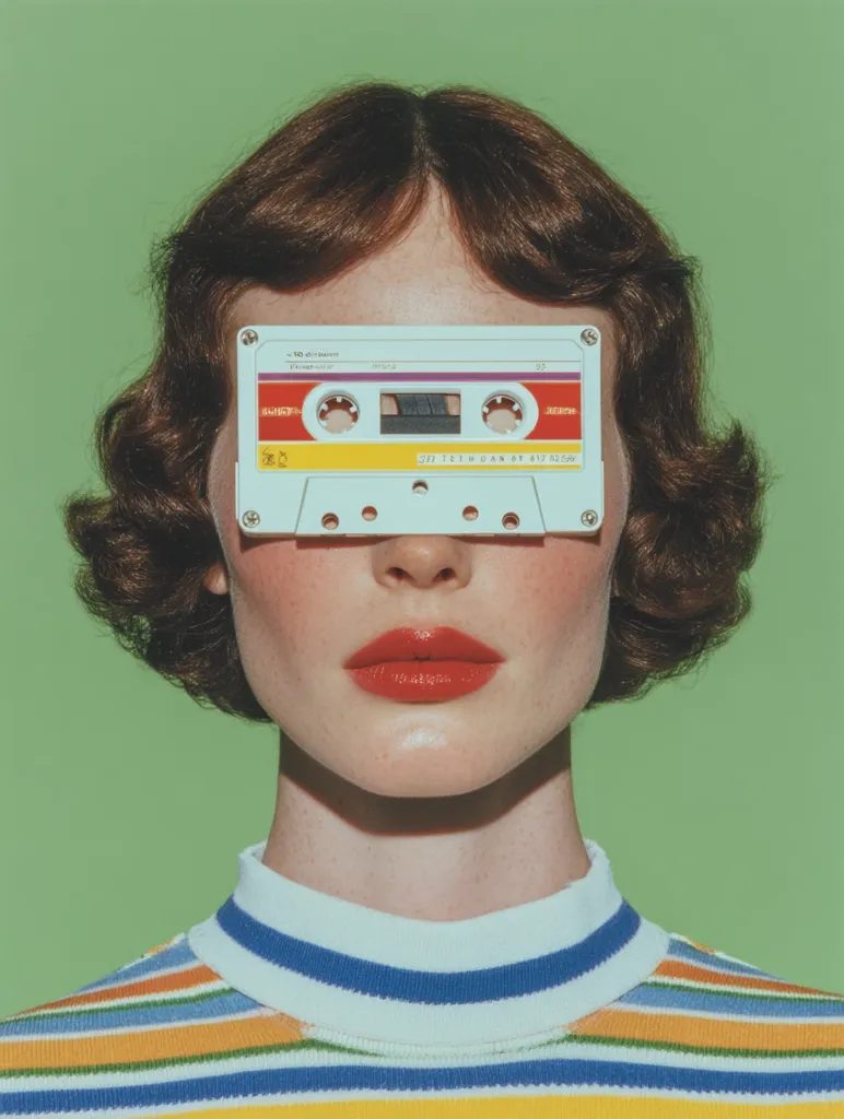 A close-up shot of a woman with short, curly brown hair.  A vintage audio cassette tape is positioned horizontally across her eyes, obscuring them completely. She's wearing a brightly colored, horizontally striped sweater with a high mock neck. The background is a solid, pastel green. The overall aesthetic is retro and vibrant.