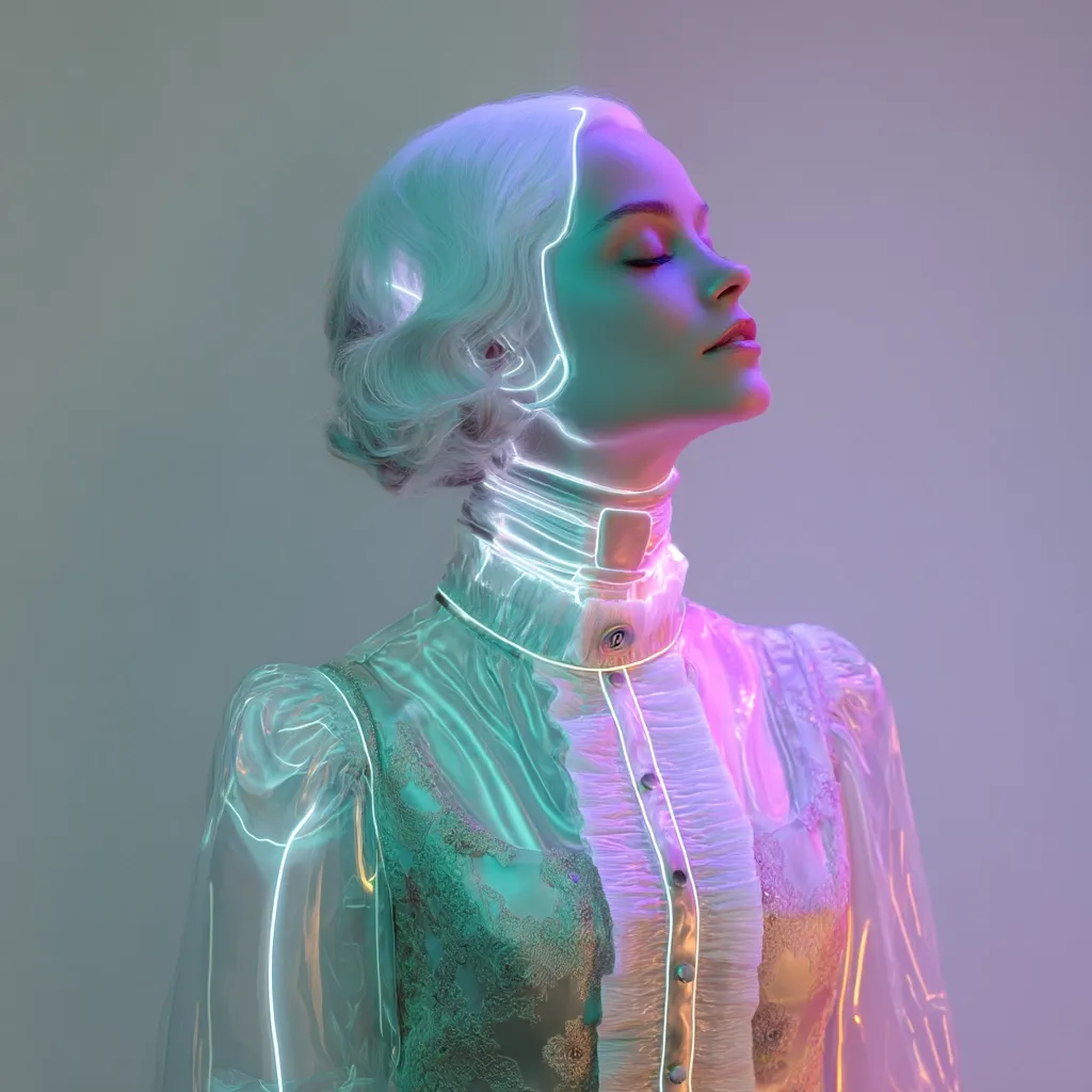 A woman with short, platinum blonde hair wears a translucent, ruffled blouse.  Neon pink and teal lights outline her face and garment, creating a futuristic, ethereal effect. Her eyes are closed, and her head is tilted slightly upward, suggesting serenity or contemplation. The overall image blends vintage fashion with modern, vibrant lighting.