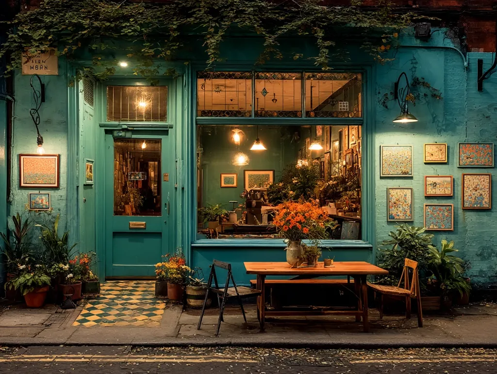 A charming teal-colored shop is bathed in warm evening light.  The storefront, adorned with potted plants and framed artwork, features a large window revealing a cozy interior.  A wooden table and chairs sit outside, inviting customers to relax.  The overall ambiance is quaint and inviting, with a touch of bohemian charm.  Ivy climbs the building, adding to the romantic setting.