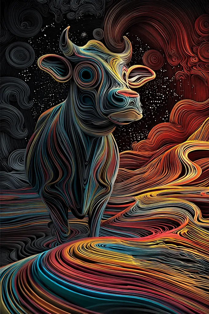 A stylized bull stands against a backdrop of swirling, multicolored lines resembling celestial nebulae or abstract landscapes. The bull's form is created from the same interwoven lines, giving it a textured, almost three-dimensional appearance.  The color palette is rich and vibrant, with deep blues, oranges, and reds dominating the scene. The overall effect is surreal and visually captivating.