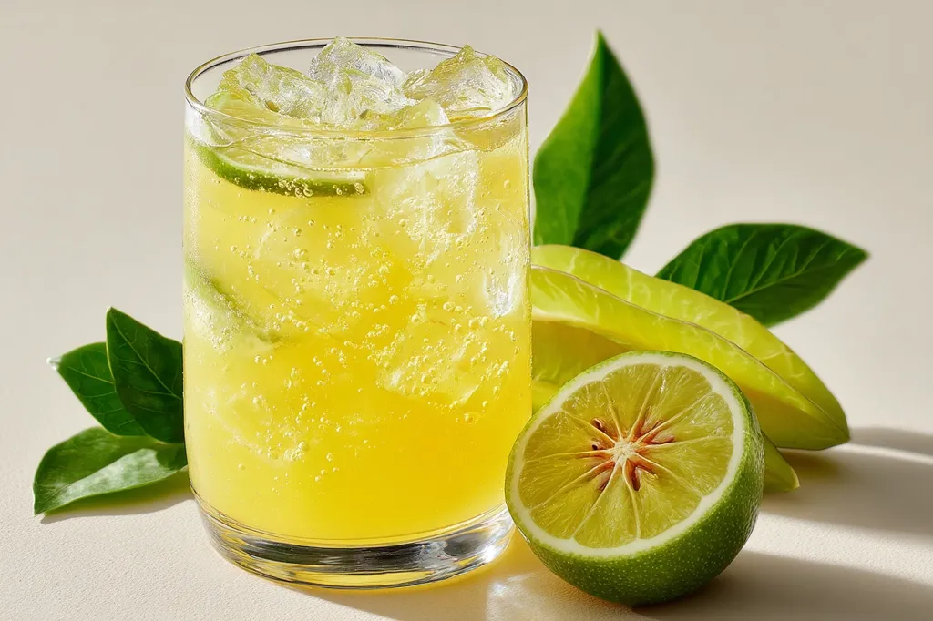 A refreshing yellow beverage, possibly a citrus-flavored soda, is showcased in a short glass filled with ice cubes and lime slices.  Limes and star fruit, along with vibrant green leaves, are artfully arranged beside the drink, enhancing the image's summery and vibrant feel. The scene is brightly lit, highlighting the drink's bubbly texture and the fruit's juicy appearance.