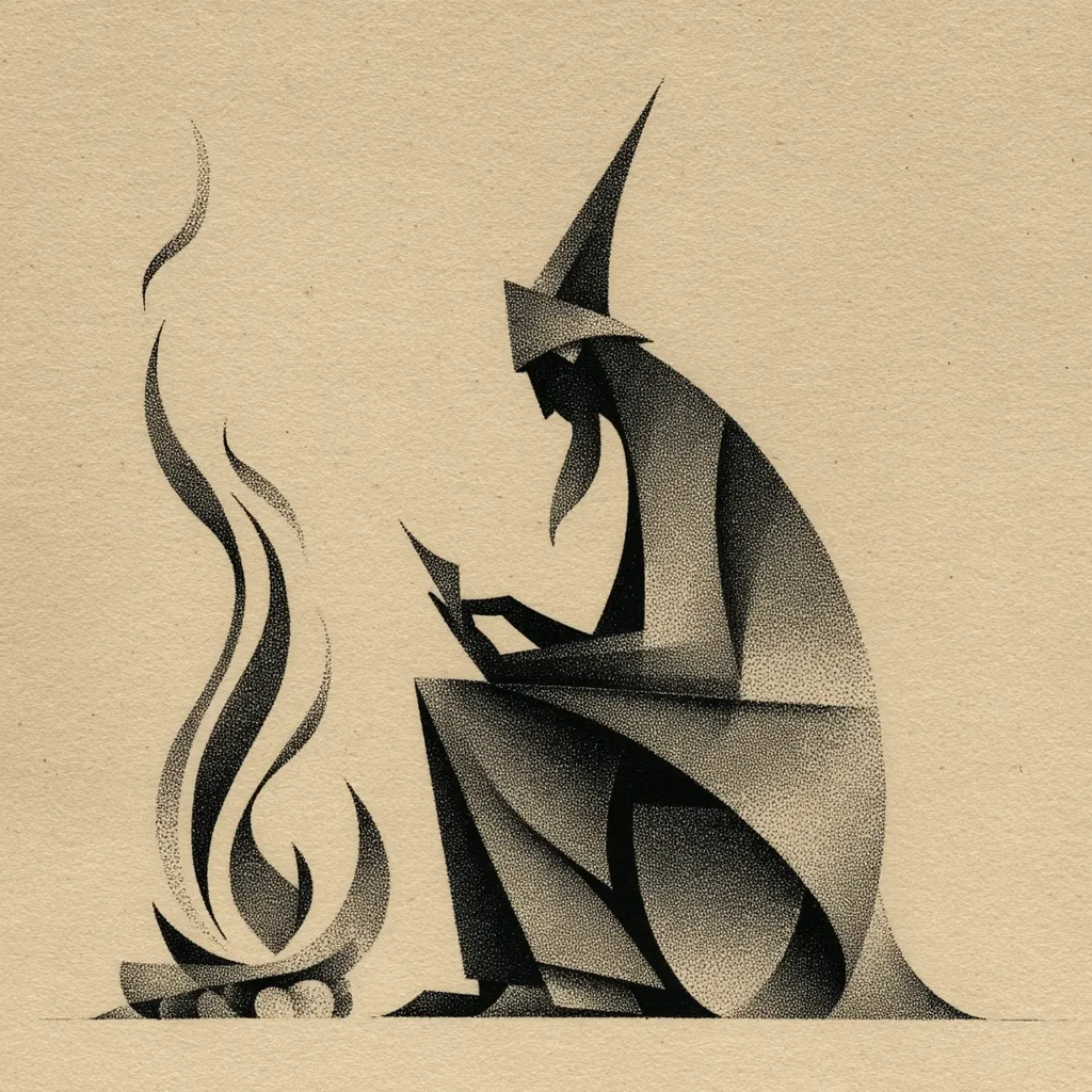 A stylized illustration depicts a cloaked figure, possibly a wizard, seated near a campfire.  The figure is rendered in a pointillist style, with black dots creating the image on a beige background. The wizard, wearing a pointed hat, appears to be reading or writing.  The flames of the fire are depicted with dynamic, swirling lines. The overall aesthetic is geometric and slightly mystical.