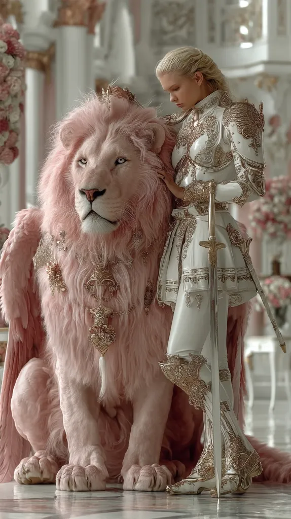A blonde woman in ornate, white, gold-accented armor stands beside a large, pink lion with feathered wings.  The lion is adorned with a jeweled collar.  The scene is set in a grand, palatial interior with soft, muted lighting. The overall aesthetic is fantastical and regal, suggesting a fairytale or fantasy setting.