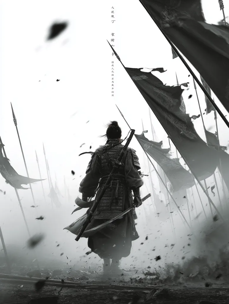 A lone samurai, clad in dark armor, walks away from a battlefield shrouded in mist.  Torn banners and fallen spears litter the ground, suggesting a recent and devastating battle. The grayscale palette enhances the somber mood, emphasizing the warrior's solitary figure against the backdrop of war's aftermath.  The image evokes themes of loss, solitude, and the weight of battle.