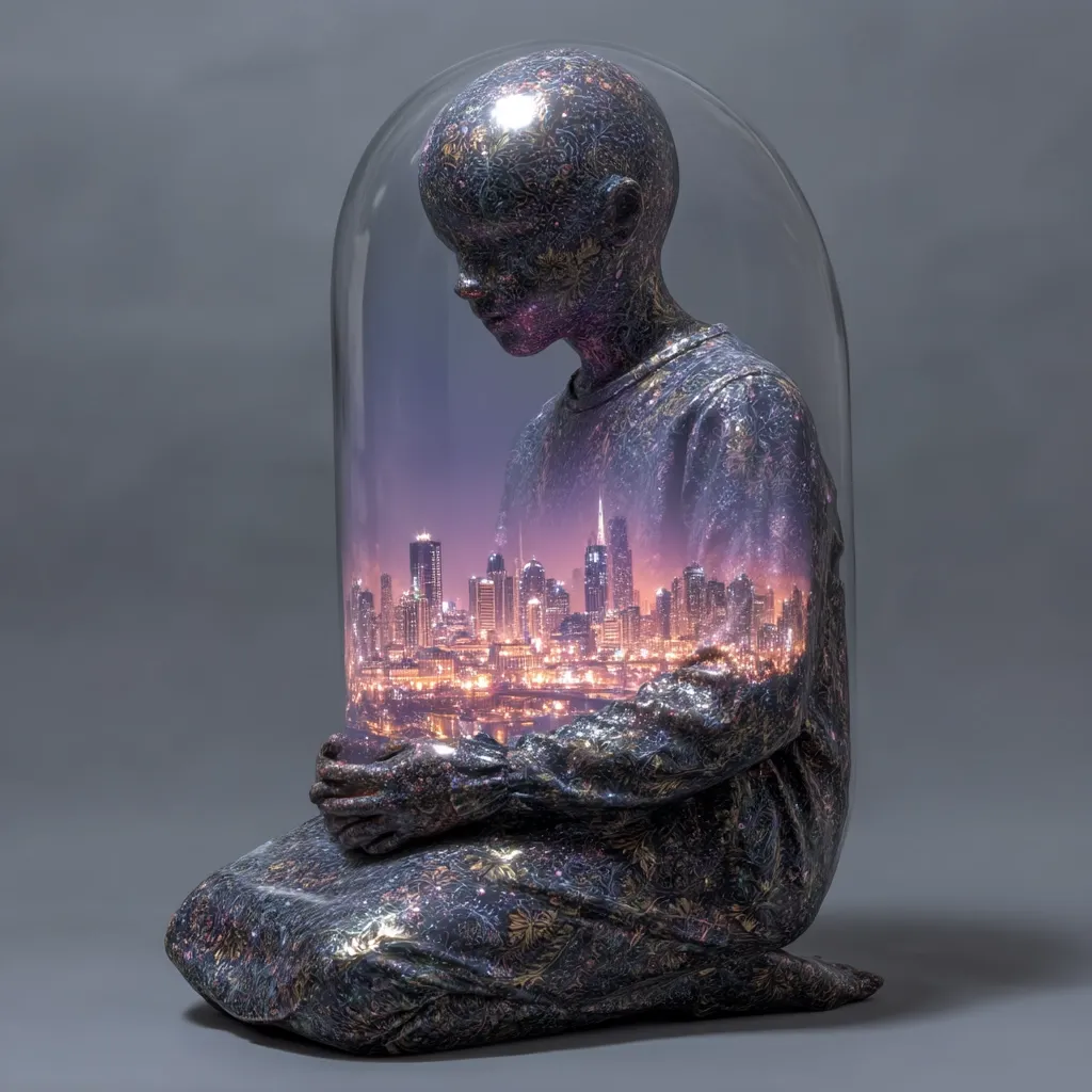 A sculpture depicts a childlike figure in a glass dome, seated in a meditative pose.  The figure's body is textured, resembling a dark, glittering material.  A nighttime cityscape is superimposed onto the figure, creating a surreal blend of person and urban environment. The overall impression is one of confinement and contemplation, suggesting themes of isolation, urban life, or the impact of technology.