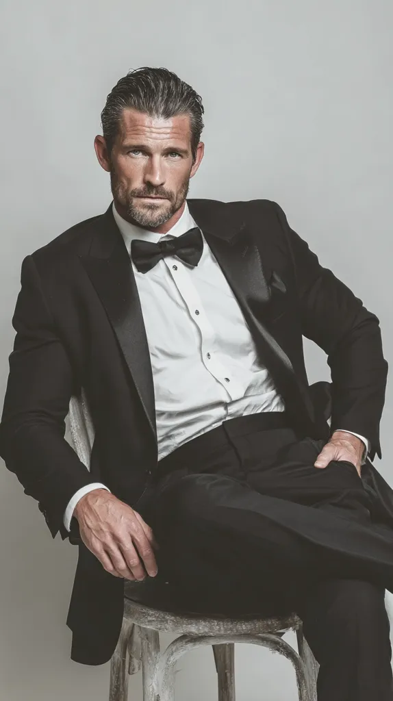A sophisticated man with dark, styled hair sits casually on a rustic chair. He's dressed in a classic black tuxedo, complete with a crisp white shirt and a black bow tie.  His confident pose and intense gaze are accentuated by the muted background, creating a stylish and timeless portrait.