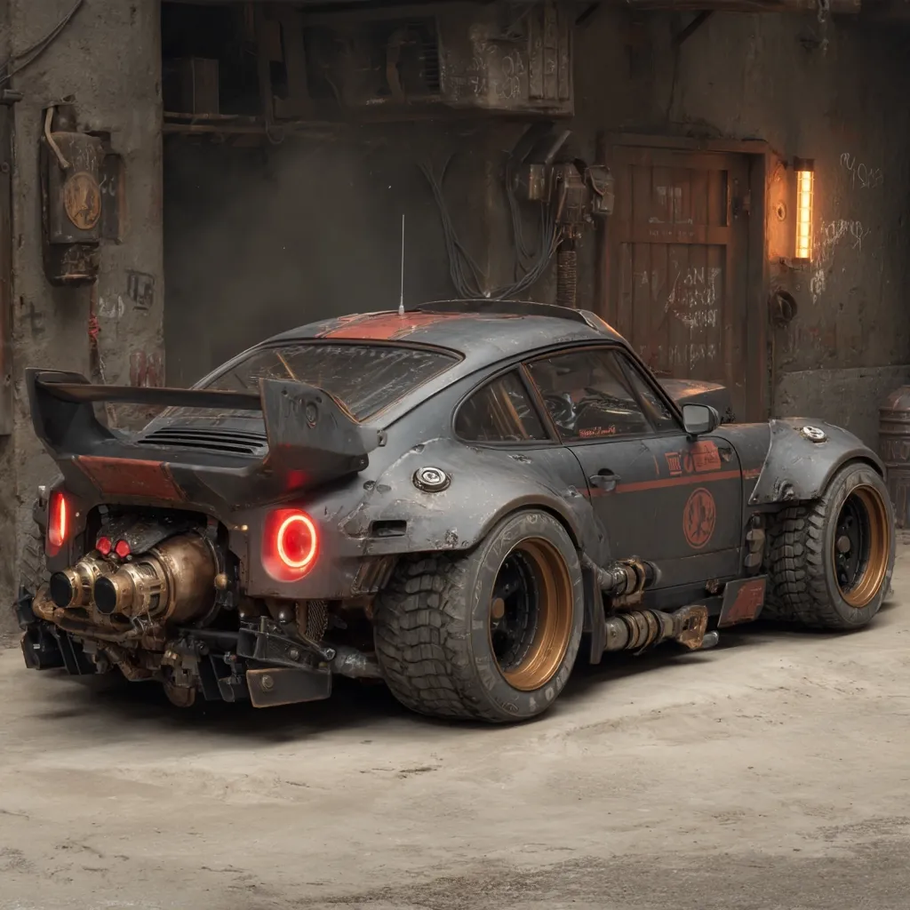 A heavily modified, dark gray Porsche 911 sits in a gritty, industrial garage.  The car features a large rear spoiler, oversized off-road tires with bronze rims, and a prominent steampunk-inspired exhaust system with exposed brass pipes.  The weathered body suggests a post-apocalyptic or cyberpunk aesthetic.  The setting enhances the car's rugged and powerful presence.