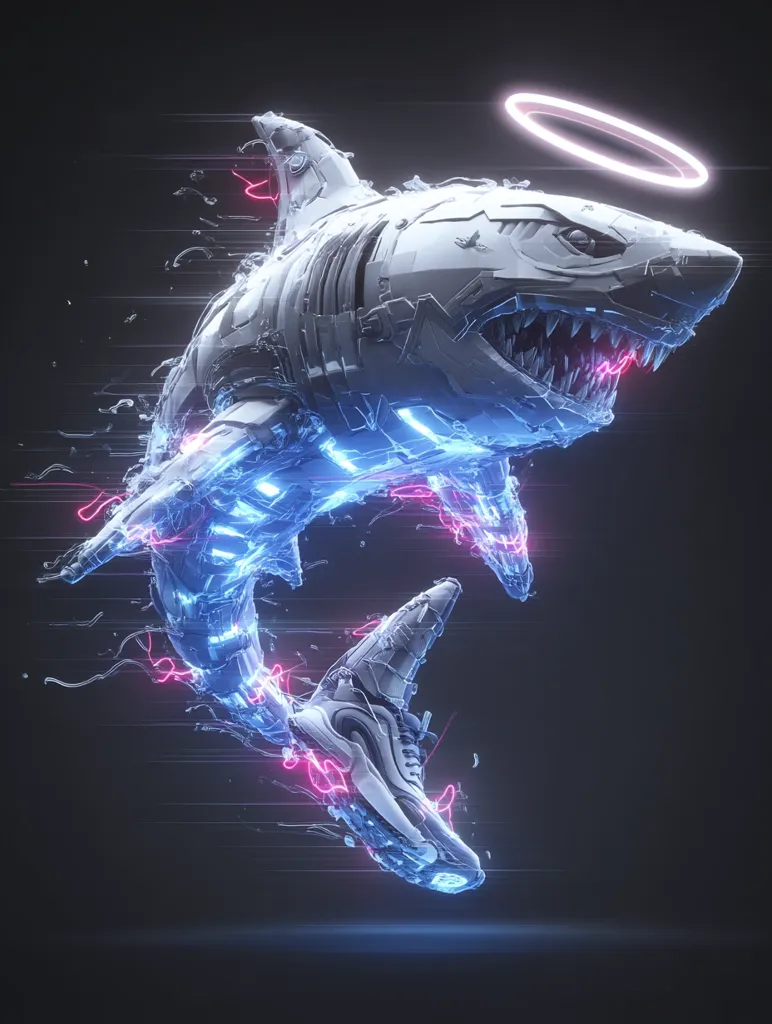 A futuristic, mechanical shark, rendered in shades of grey and white, leaps through a dark void.  Its body is composed of interconnected, seemingly metallic parts, highlighted with vibrant blue and pink neon streaks.  The shark’s tail forms into a stylish sneaker, adding a surreal juxtaposition.  A halo of soft white light circles above, contrasting with the dynamic, energetic movement of the cybernetic creature.
