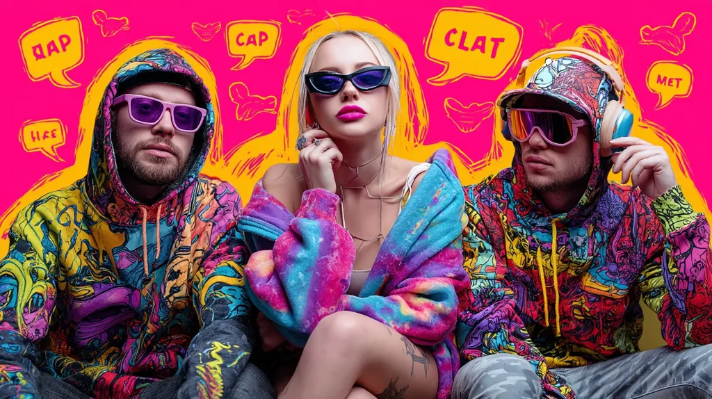 Three young adults, a woman and two men, pose against a vibrant pink background adorned with colorful speech bubbles and graffiti-style drawings.  All wear brightly colored hoodies and sunglasses. The woman sports a tie-dye jacket and the men's hoodies feature psychedelic, cartoonish prints.  The overall aesthetic is bold, playful, and trendy.