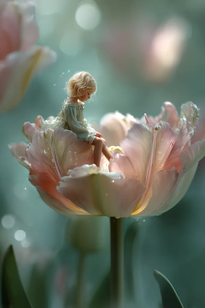 A young girl with blonde hair sits serenely atop a large, pale pink tulip.  The flower is delicately detailed, showing water droplets on its petals.  The background is a soft, blurred green, creating a dreamy, ethereal atmosphere. The scene evokes a sense of whimsical fantasy and gentle beauty.