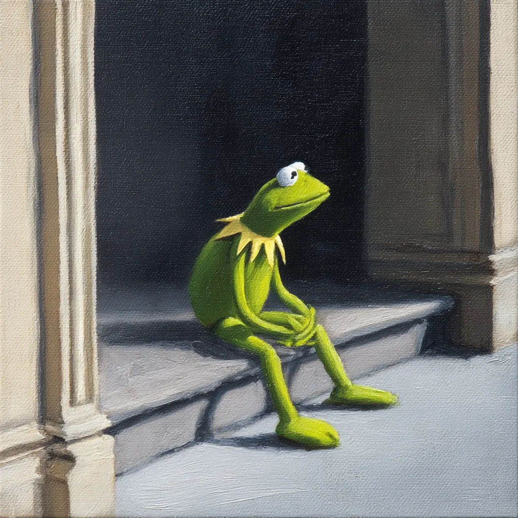 A painting depicts Kermit the Frog sitting pensively on a stone step outside a building.  He's positioned in a shadowed alcove, his posture slumped, gazing upward. The style is realistic, with muted colors emphasizing Kermit's contemplative mood and the somber architecture surrounding him. The overall impression is one of quiet loneliness or contemplation.
