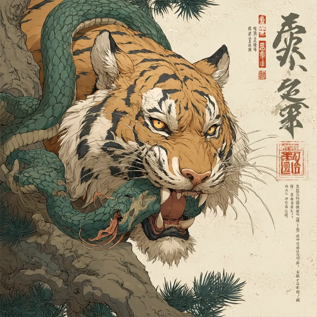 A detailed illustration showcases a majestic tiger in a fierce confrontation with a large serpent. The tiger's powerful jaws grip the snake, its intense gaze and sharp teeth conveying dominance.  The artwork is rendered in muted earth tones, with meticulous detail in the tiger's fur and the snake's scales.  The style evokes traditional East Asian art, possibly inspired by woodblock prints or ink wash painting.  The background hints at a tree trunk and pine branches.
