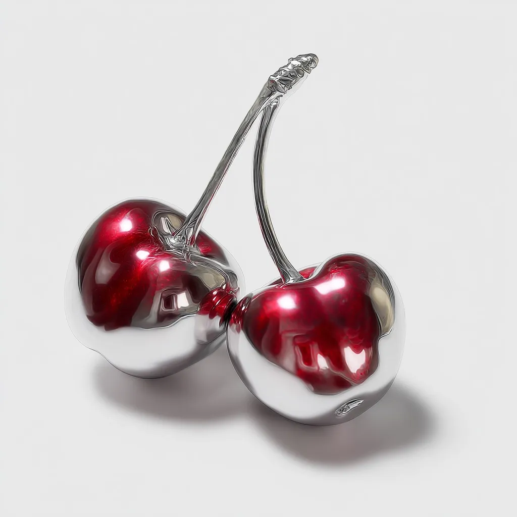 A close-up shot reveals a pair of cherries, meticulously crafted from a gleaming metallic substance, likely silver or chrome.  The cherries boast a deep red hue, their surfaces reflecting light with a high-gloss finish.  The stems are also metallic, adding to the overall polished and modern aesthetic. The image is starkly contrasted against a plain white background, drawing focus solely to the sculpted fruit.