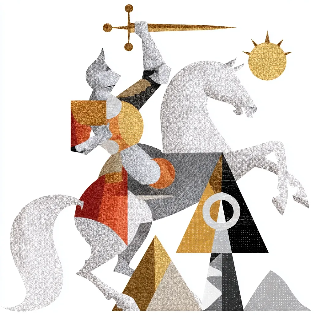 A stylized illustration depicts a knight in armor, astride a white horse, triumphantly raising a sword.  The artwork employs geometric shapes and a limited color palette of grays, oranges, and golds, creating a bold, almost cubist effect.  Pyramidal forms beneath the horse suggest a landscape, and a stylized sun adds to the image's symbolic and somewhat abstract nature.