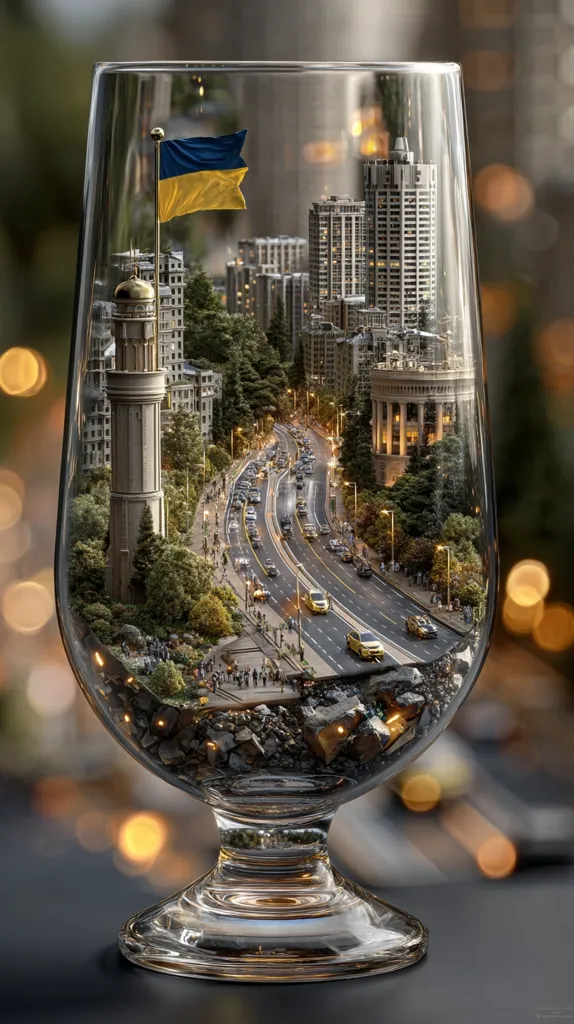 A city scene, miniatured and contained within a stemmed glass.  A Ukrainian flag flies atop a tower in the foreground. The city's streets, buildings, and traffic are meticulously detailed within the glass, creating a surreal and captivating image.  The bokeh effect in the background adds depth and a dreamlike quality.  The overall composition is artistically presented, conveying a sense of both fragility and resilience.