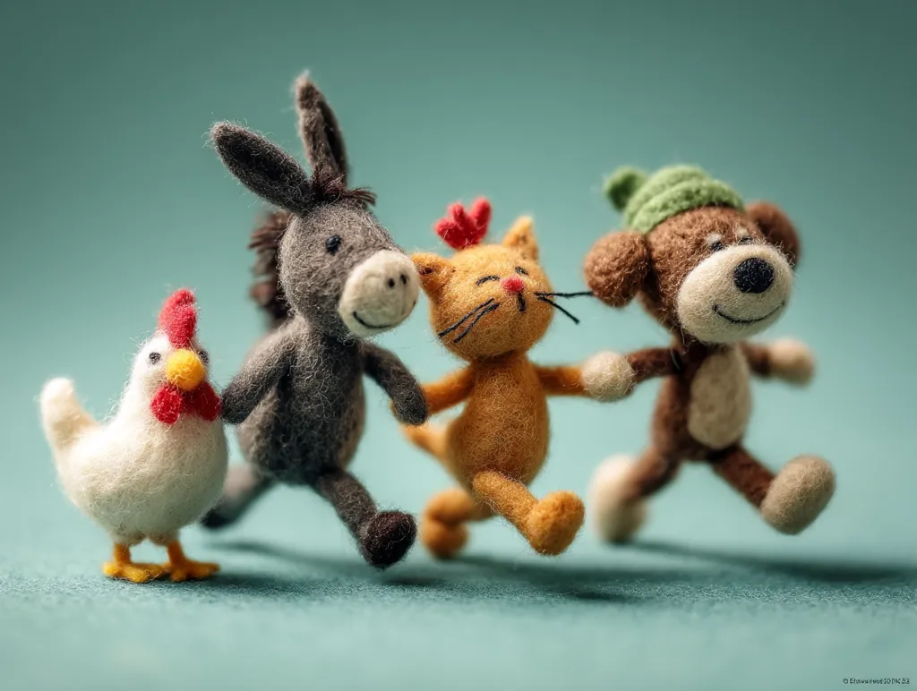 A charming collection of felt animal figurines: a donkey, a cat, a dog wearing a green hat, and a hen, are captured mid-stride.  They appear to be playfully running together against a muted teal backdrop. The soft, handcrafted texture of the felt is evident in the close-up shot, creating a whimsical and endearing image.
