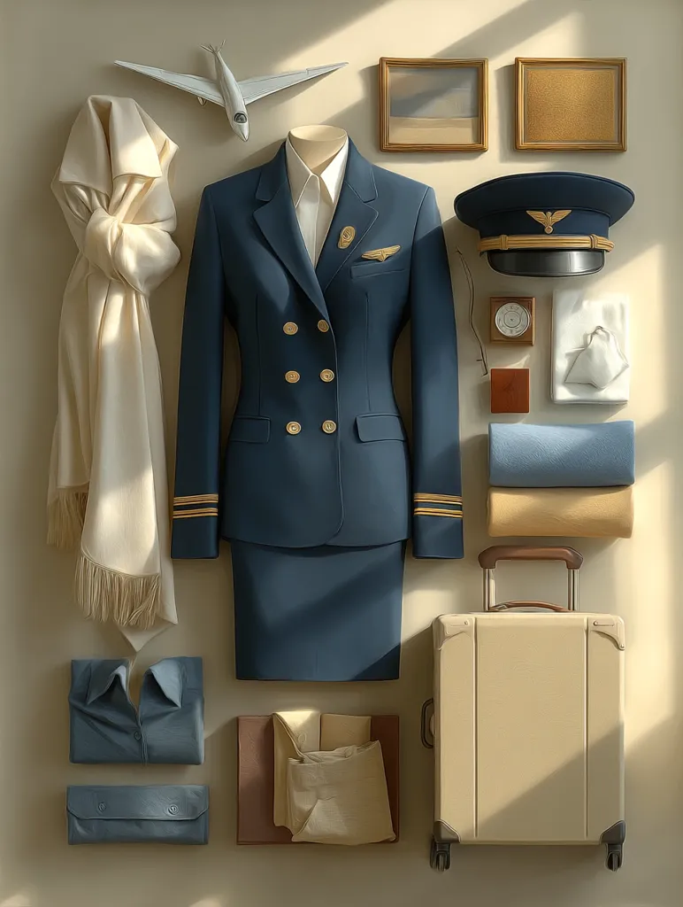 A meticulously arranged flat lay showcases a female pilot's uniform: a dark blue double-breasted jacket and skirt, crisp white shirt, and pilot's cap.  A beige scarf, folded clothing, a small suitcase, and framed artwork complete the scene, suggesting preparation for a journey. A model airplane adds a playful touch.  The overall aesthetic is minimalist and elegant.