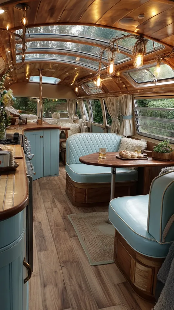 The interior of a vintage camper van is luxuriously renovated.  Light blue cushioned seating with wooden framing surrounds a small wooden table.  A wooden kitchen with pale blue cabinets runs along one side.  The ceiling features multiple exposed light bulbs hanging from wooden branches, and a skylight illuminates the space.  The flooring is light brown wood.  The overall aesthetic is rustic-chic.