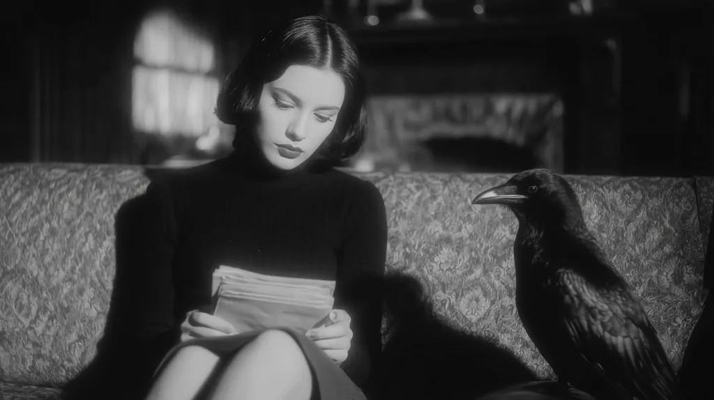 A black and white image shows a woman with dark hair sitting on a couch, looking down at papers in her lap.  She wears a dark turtleneck sweater.  Beside her, a large black crow is perched on the couch, adding a dramatic, almost gothic, feel to the scene. The lighting is dramatic, with shadows playing across the woman and the furniture. The overall mood is somber and mysterious.