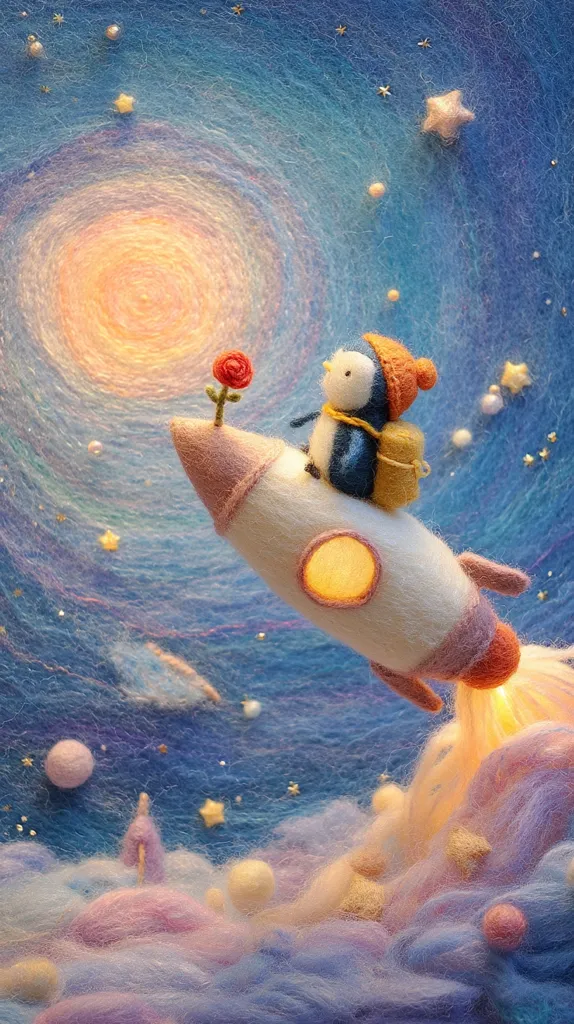 A whimsical needle-felted artwork depicts a penguin wearing a knitted hat and backpack, riding a small, glowing rocket through a starry night sky.  The rocket is adorned with a single red flower. The scene is dreamy and colorful, with pastel clouds and a large, warm-toned moon adding to the fantastical atmosphere.  Tiny stars and planets are scattered across the blue background.