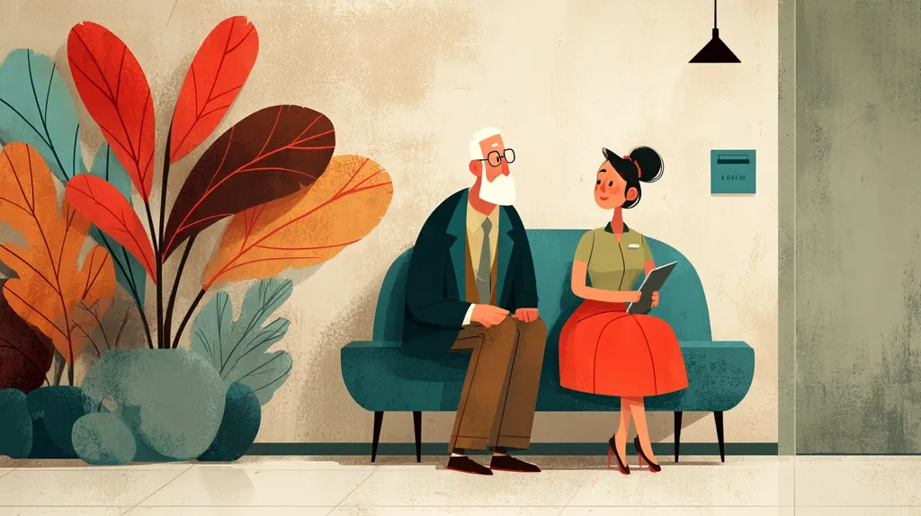 An elderly gentleman with a white beard and glasses sits on a teal sofa beside a young woman in a red dress and olive green top.  The woman holds a tablet.  They are engaged in conversation in a waiting area adorned with a large, stylized plant. The setting is minimalist, with a muted color palette and textured walls.  A small wall-mounted receptacle is visible.