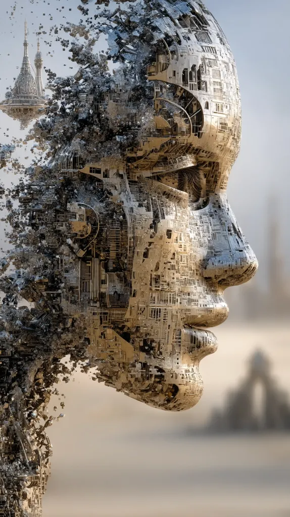 A profile view of a metallic, fragmented face, reminiscent of intricate circuitry and machinery.  The face seems to be disintegrating or transforming, with pieces floating away.  In the background, blurred futuristic structures are visible, creating a surreal and dystopian landscape. The overall image evokes themes of technology, decay, and transformation.