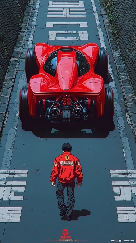 A vibrant illustration showcases a futuristic red Ferrari-inspired car parked in a narrow, city alleyway.  A man in a red Ferrari jacket walks away from the vehicle, his back to the viewer. The scene is rendered in a striking anime-style, with sharp lines and bold colors, creating a dramatic and visually captivating image. The alleyway's markings and overall aesthetic enhance the cyberpunk feel.