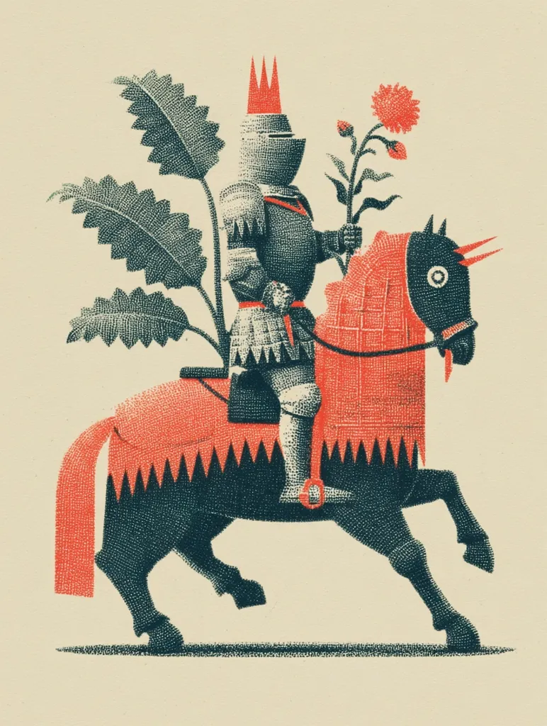 A pointillist-style illustration depicts a knight in full armor, crowned and astride a dark horse.  The horse's trappings are coral red, contrasting with the knight's dark grey armor.  A large plant, possibly nettles, sprouts from behind the knight, alongside a single red flower he holds. The image is rendered in a vintage, almost woodcut-like aesthetic, using a limited color palette.