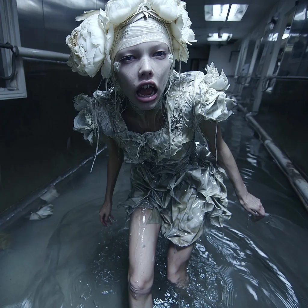 A young woman, adorned in a tattered, grey dress and a white floral headpiece, wades through murky water in a dimly lit corridor. Her pale face is striking, with intense eyes and an open mouth, suggesting distress or surprise. The overall scene is eerie and somewhat unsettling, creating a haunting atmosphere.  The water reflects the muted tones of the surrounding environment, enhancing the somber mood.