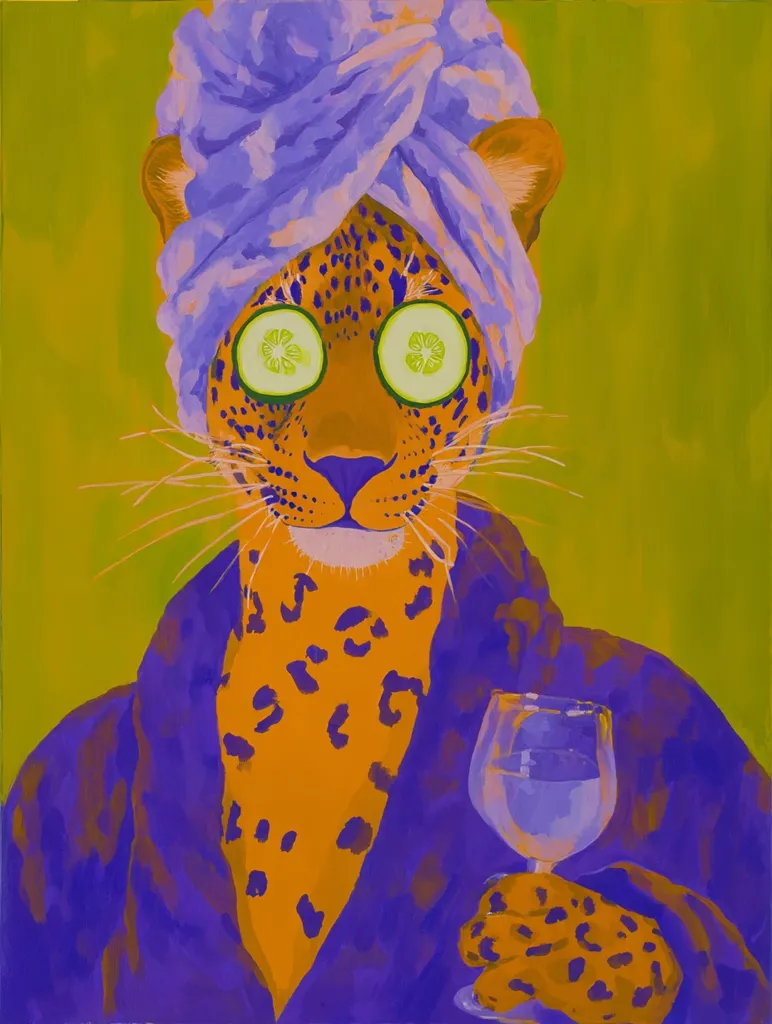 A vibrant painting depicts a leopard enjoying a spa day.  The leopard, with a purple towel turban and cucumber eye masks, is dressed in a purple robe and holds a glass of liquid.  Bold, contrasting colors—orange leopard spots against purple and green—create a striking visual effect. The image is stylized and playful, suggesting a humorous take on self-care.