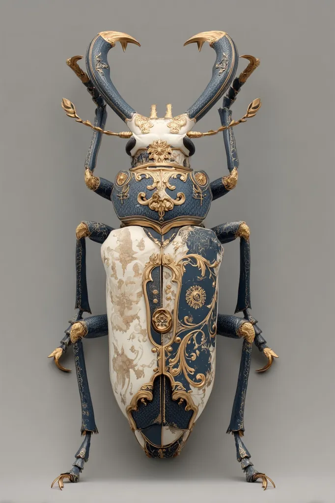 A meticulously crafted longhorn beetle sculpture is presented, showcasing intricate detailing. Its body is adorned with a blend of navy blue and off-white, accented by gilded gold patterns reminiscent of Baroque or Rococo artistry.  The textures are varied, suggesting a blend of materials, while the overall aesthetic is one of ornate elegance and refined craftsmanship. The beetle is presented against a neutral gray background.