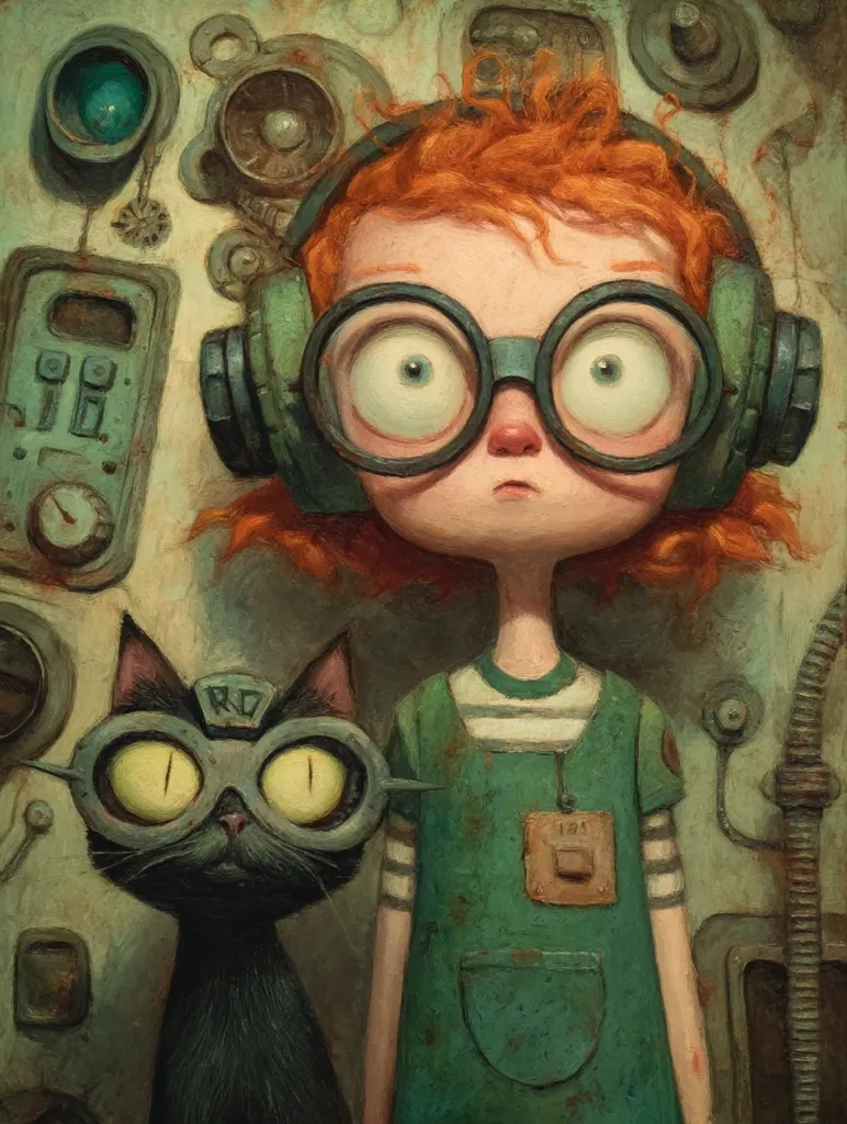 A whimsical painting depicts a red-haired girl wearing large goggles and headphones, standing beside a black cat also sporting goggles.  The girl's attire is a green overall dress, and she has a serious expression. They are positioned before a wall of intriguing, steampunk-inspired machinery and gauges. The painting's style is richly textured and slightly dark, enhancing its unique charm.