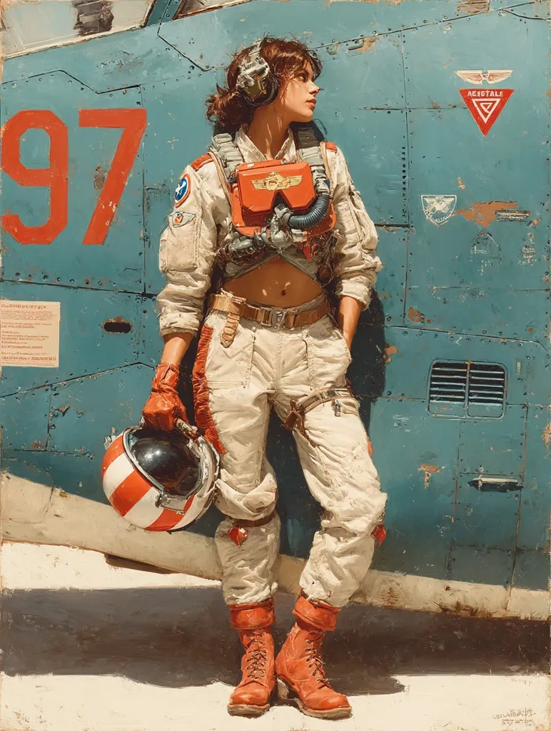 A young woman, clad in a vintage-style flight suit and orange boots, stands confidently beside a weathered, teal-colored airplane.  The number "97" is prominently displayed on the plane's fuselage. She holds a helmet, and her attire suggests a pilot or astronaut.  The setting appears to be an airfield, bathed in sunlight. The overall style is reminiscent of retro-futurism or classic aviation art.