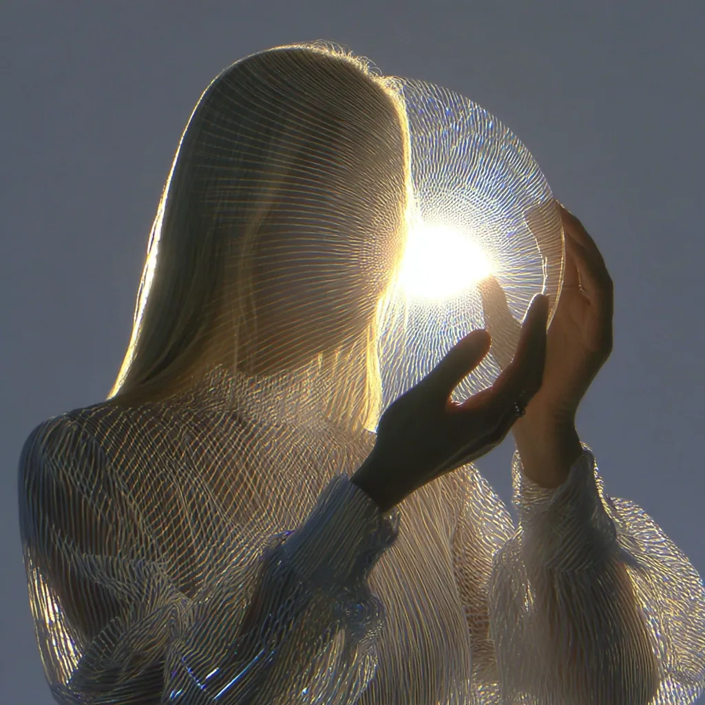 A woman with long blonde hair, wearing a sheer, textured blouse, holds a translucent, circular object.  Sunlight shines through the object, creating a radiant effect that illuminates the woman's hair and clothing. The overall image evokes a sense of ethereal beauty and mystery.