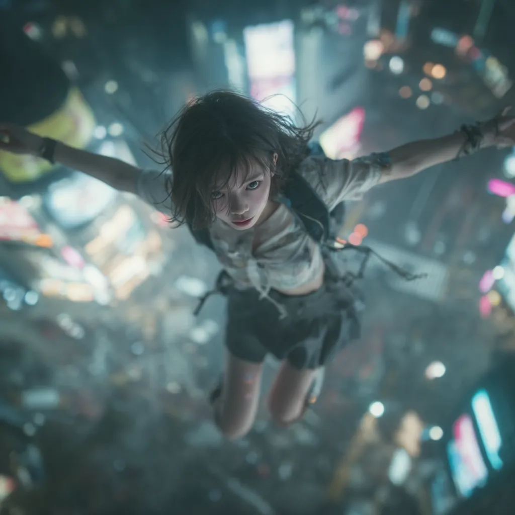 A young woman with short brown hair falls from a great height above a sprawling cityscape at night.  Her expression is serious, almost defiant, as she plummets towards the blurred lights below.  She wears a light-colored shirt and dark pleated skirt, a backpack strapped to her. The overall mood is dramatic and slightly surreal.