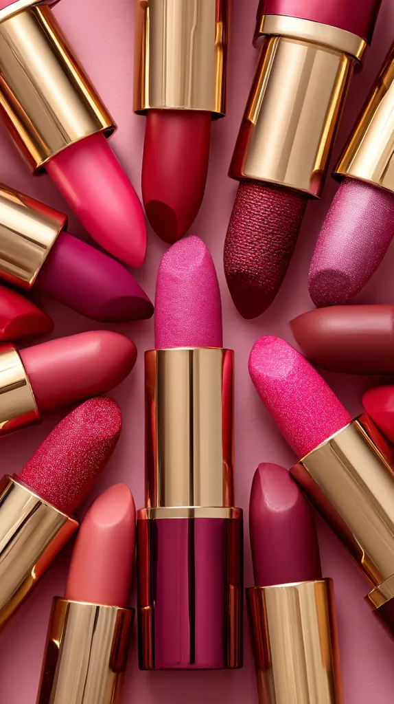 A close-up shot showcases an array of lipsticks in various shades of pink and red, arranged artfully on a pink background.  The tubes are predominantly gold with varying depths of pink and red lipstick colors, creating a vibrant and luxurious aesthetic.  One lipstick in a particularly bright pink stands out in the center. The image emphasizes the textures and shades of the cosmetics.