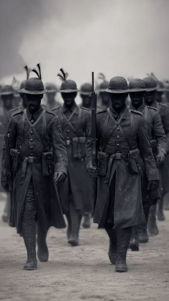 A monochrome image depicts a solemn procession of soldiers in long, dark coats and Adrian helmets.  They march in formation, rifles held at the ready, their faces obscured by shadow and the somber atmosphere. The setting appears to be outdoors, on a dusty or sandy ground, under a cloudy sky.  The overall mood is one of seriousness and possibly wartime.