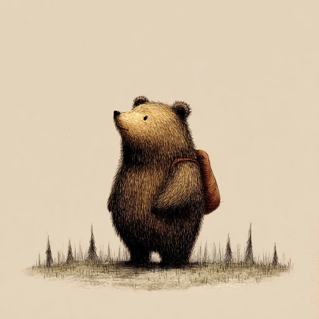A charming illustration depicts a small brown bear, seemingly a cub, standing upright with a small backpack.  The bear gazes upward, perhaps contemplating a journey.  Sparse, short evergreens form a ground line before it against a muted beige background, creating a serene and whimsical scene.  The style is reminiscent of pen and ink drawing.