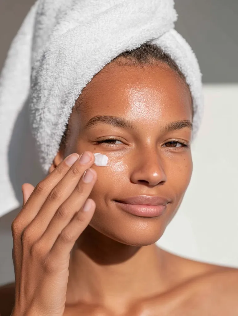 A young woman with a white towel wrapped around her head applies moisturizer to her face.  Her skin is glowing and appears healthy. The image is bright and clean, focusing on skincare and self-care. The woman's expression is serene and peaceful.