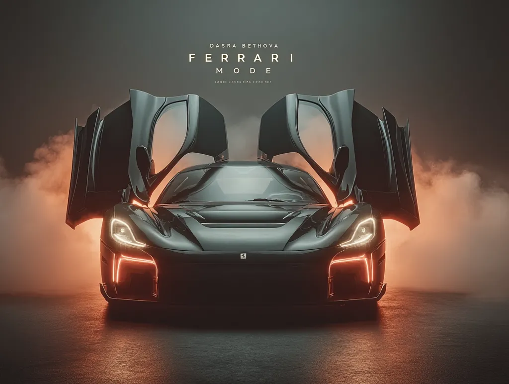 A sleek, black Ferrari sports car is showcased in a dramatic, dimly lit setting.  Its scissor doors are dramatically open, revealing the vehicle's interior.  Orange-hued lighting accentuates the car's contours and creates a smoky atmosphere, enhancing its luxurious and powerful presence. The image is titled "Ferrari Mode" with the artist's name subtly displayed.