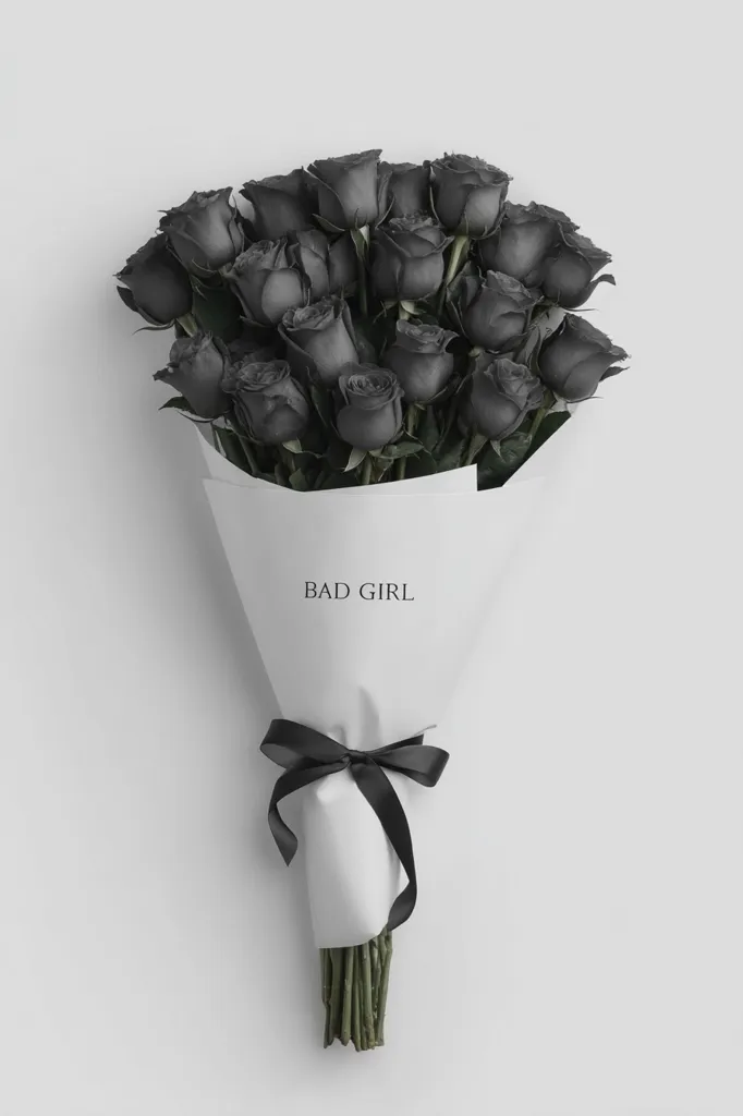 A bouquet of dark gray roses is elegantly arranged in white paper.  The stems are visible at the bottom, bound together. A simple black ribbon ties the bouquet.  "BAD GIRL" is subtly printed on the wrapping, adding a touch of edgy contrast to the classic floral presentation. The overall aesthetic is minimalist and chic.