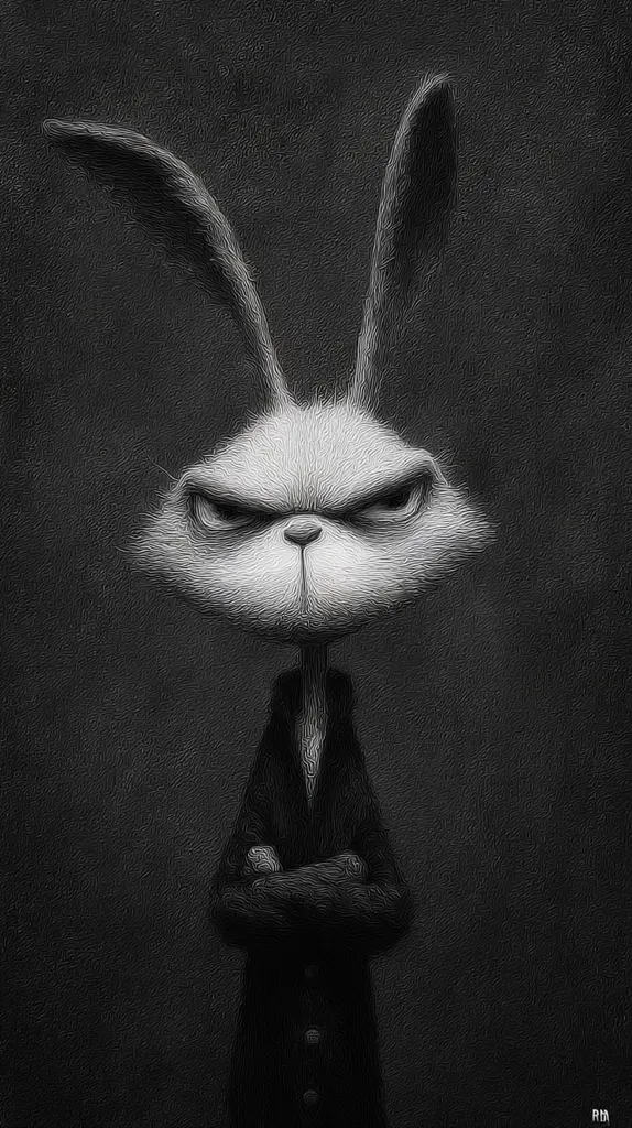 A monochrome illustration depicts an anthropomorphic rabbit with a stern expression.  The rabbit, rendered in a style reminiscent of impasto painting, wears a dark coat and stands with arms crossed, conveying a sense of seriousness or anger.  The dark background enhances the dramatic mood.  The overall aesthetic is dark, brooding, and slightly unsettling.