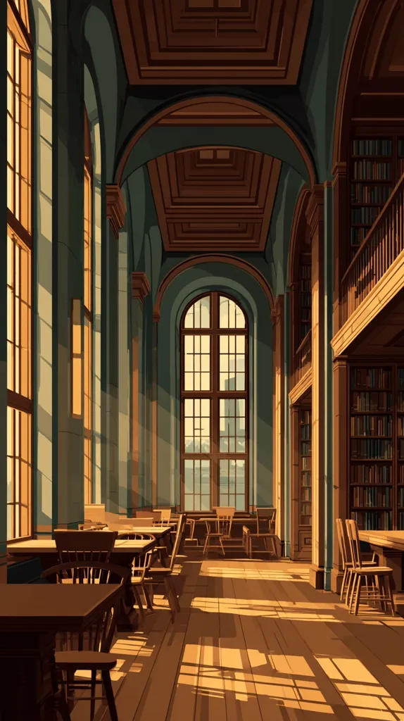 Sunlight streams through tall arched windows into a grand library.  Wooden tables and chairs are sparsely arranged along the length of the room, bathed in warm light.  Bookshelves line the walls, filled with countless volumes. The high ceiling and teal walls create an atmosphere of quiet study and contemplation.  A large window at the far end offers a glimpse of an outside cityscape.  The overall style is reminiscent of classic architecture and evokes a sense of peaceful learning.