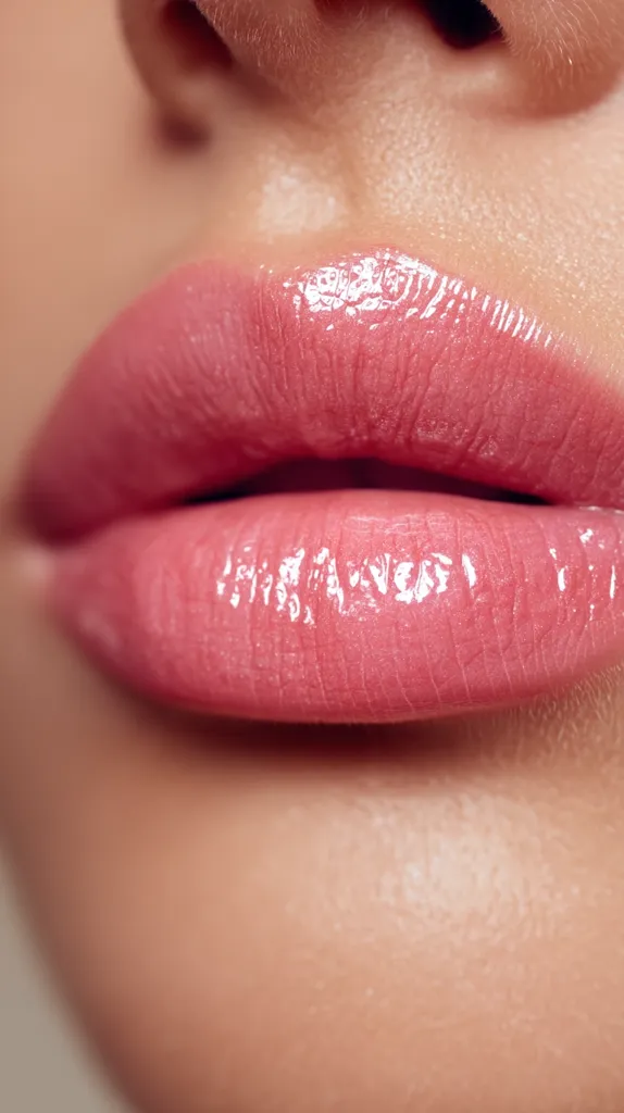 Close-up of a woman's lips, showcasing a glossy, light pink lipstick.  The lips are full and appear smooth and hydrated. The image focuses on the texture and shine of the lip gloss, highlighting a natural, healthy look.  The skin surrounding the lips is soft and even-toned.